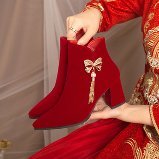 婚鞋新娘鞋冬天加绒粗跟2024新款冬季红色高跟鞋女结婚靴子不累脚