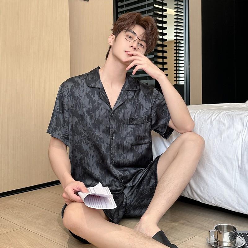 冰丝睡衣男夏季短袖短裤套装提花薄款简约男生休闲高级感家居服夏