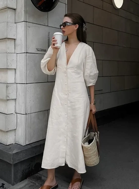 Lightly cooked beige cotton linen bubble sleeve dress women