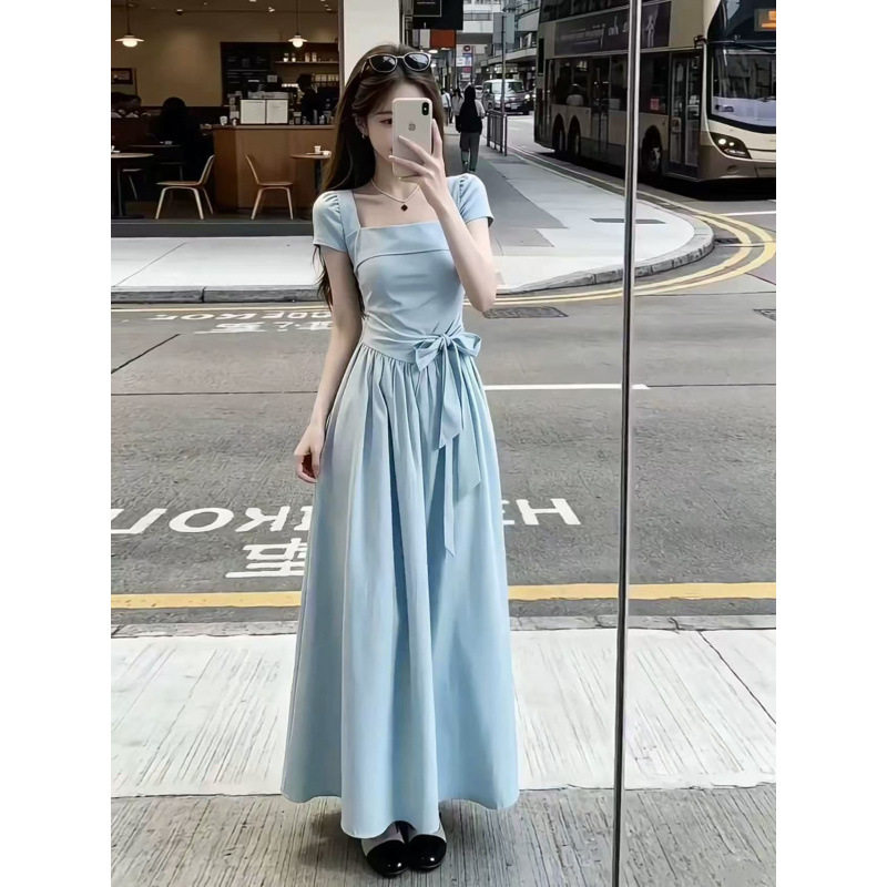 法式蓝色方领短袖连衣裙