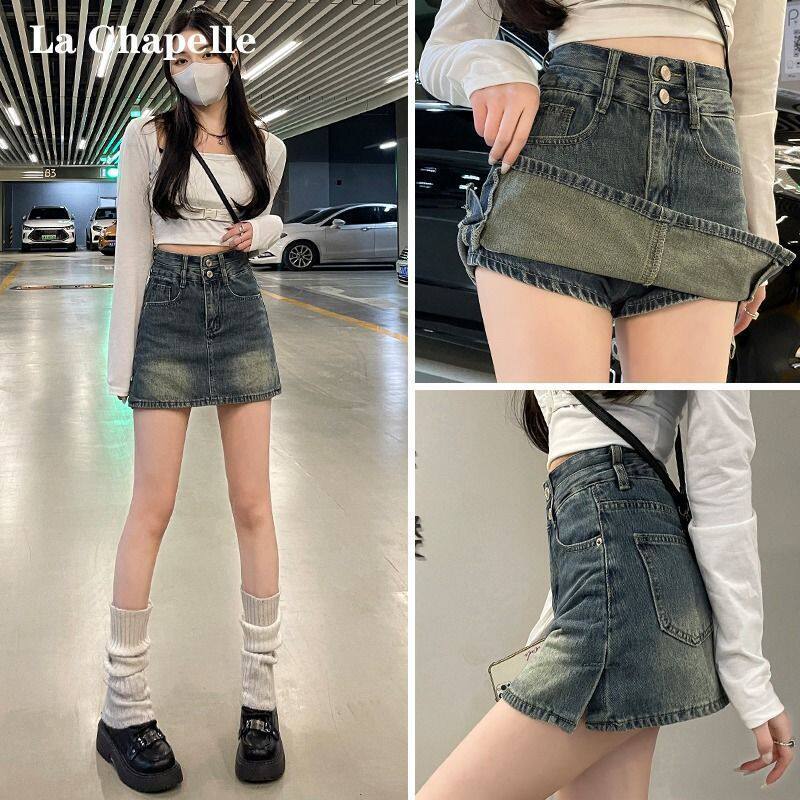 复古开叉牛仔短裙女小个