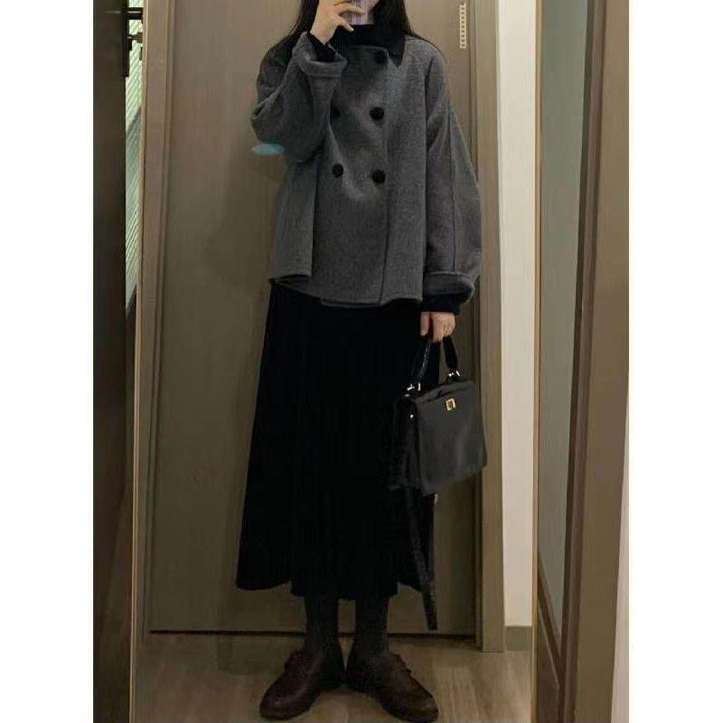 灰色短款仿毛呢大衣女秋