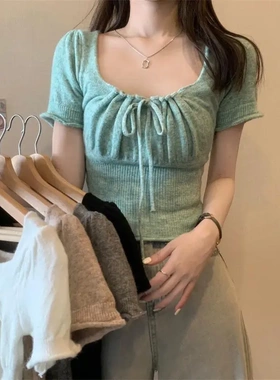 Year Square Neck Bubble Sleeve Tops Women Sense Chic Short B