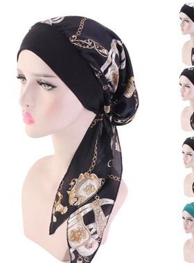 Rural style imitation silk headscarf hat with elastic headba
