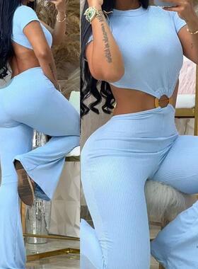 Women Backless Jumpsuit欧美性感圆领露背修身纯色微喇连体裤女