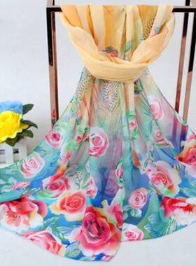 Spring Peacock Feather Flower Women Chiffon Scarf Printed Sm