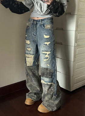 15GET 美式重工水洗乱针绣破洞迷彩拼接牛仔裤男女直筒显瘦长裤潮