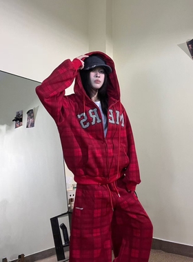 15GET 美式痞风格纹挺阔卫衣开衫春款显瘦字母贴布连帽外套男女潮