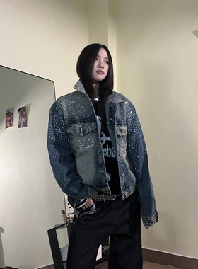 15GET 【满天星】重工水洗渐变水钻牛仔外套boxy短宽情侣夹克上衣