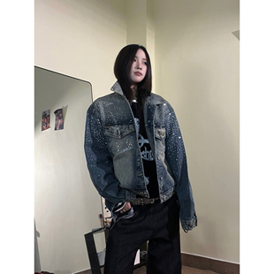 15GET 重工水洗渐变水钻牛仔外套boxy短宽情侣夹克上衣 满天星