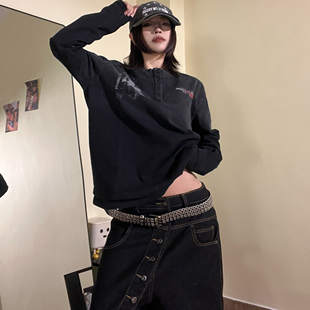 男女 T恤秋冬打底衫 15GET 亨利领朋克上衣印花做旧百搭休闲长袖