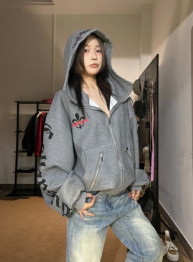 15GET 美式复古华夫格连帽开衫卫衣男女宽松美式哥特风外套秋冬