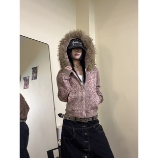 开衫 复古毛领烫钻豹纹薄绒连帽卫衣短款 女辣妹显瘦外套 美式 15GET
