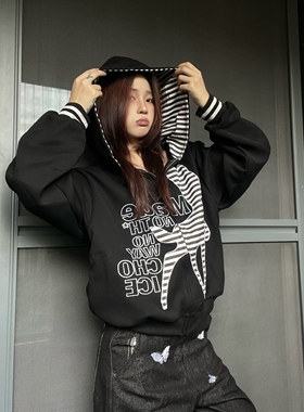 15GET 美式复古小鹿贴布印花条纹拼接设计感短款开衫连帽卫衣女