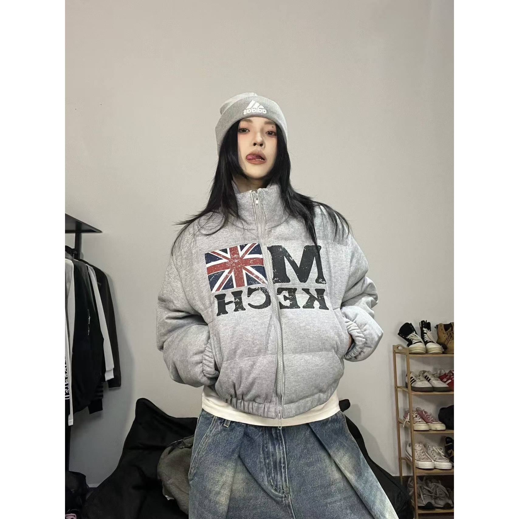 15GET美式潮牌旗帜印花棉服女