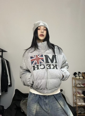15GET 美式潮牌旗帜印花棉服短宽版型冬季加厚保暖立领上衣外套女