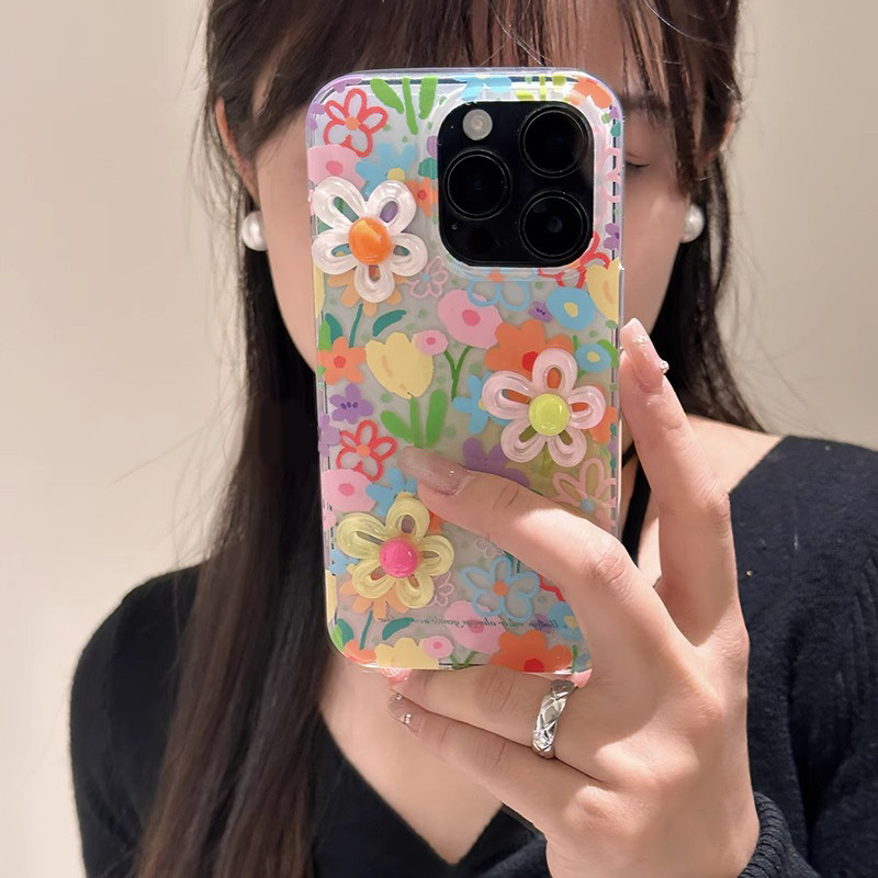 春款立体ins油画花朵适用于苹果16promax手机壳iphone15/14全包xsmax创意13proxr女12mini小众11pro白底IMD