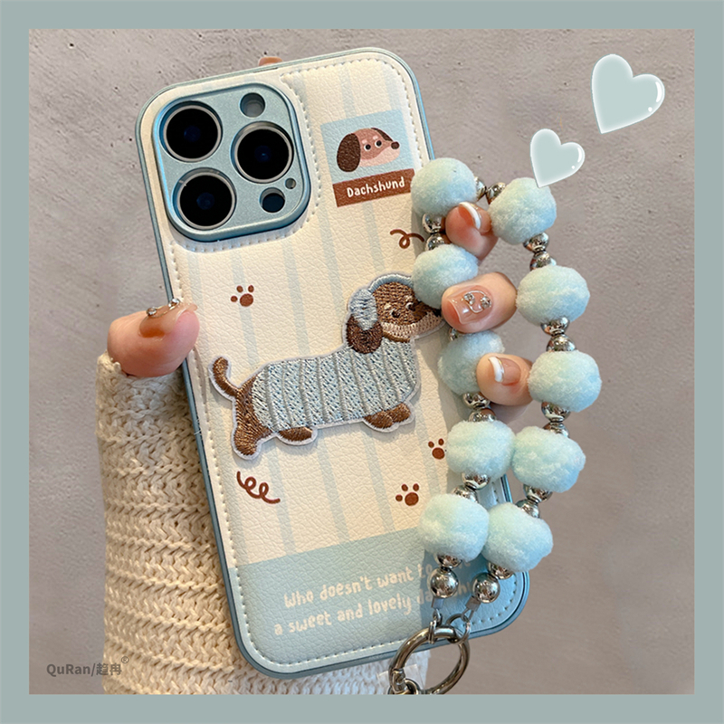 ZYL蓝色条纹刺绣腊肠狗适用于苹果17air手机壳iphone16promax/15全包xsmax创意13proxr女12mini小众11pro气垫