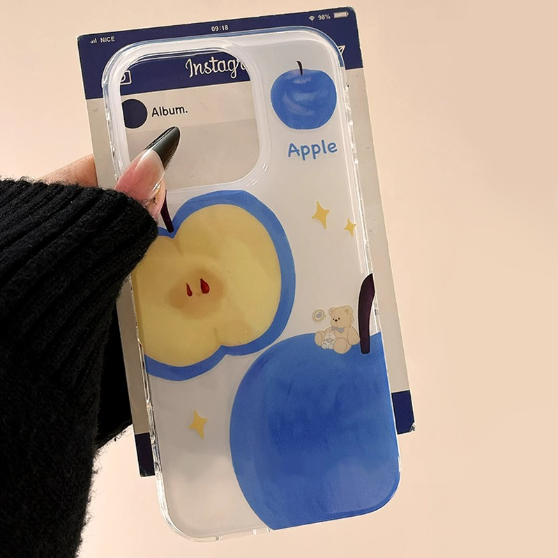 韩系可爱蓝苹果小熊适用于苹果16promax手机壳iphone15/14全包xsmax创意13proxr女12mini小众11pro白底IMD