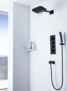 暗装入墙式预埋浴室黑色淋浴套装恒温控制阀瀑布雨淋顶喷HI05064A