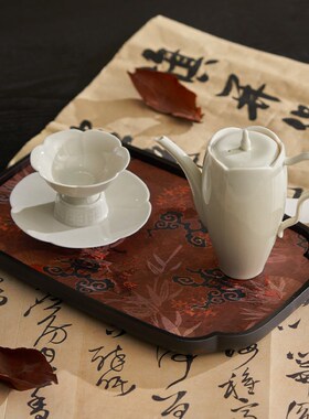 宫廷风中式茶几装饰品拍摄道具白色陶瓷茶具N复古风烛台圆托盘摆