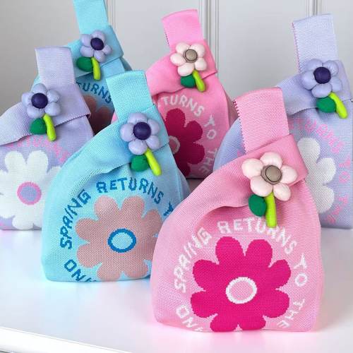 ins可爱花朵针织手提包