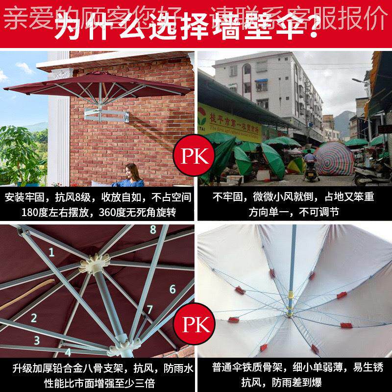 户外遮阳伞室外花园墙伸缩壁折太叠庭院伞820茶咖啡厅露奶台轻便