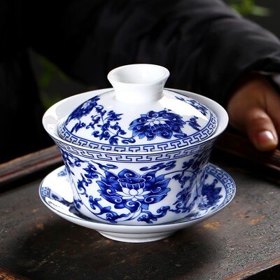 大号盖碗320-500ml青花陶瓷三才敬茶碗茶杯泡茶山水功夫茶具白瓷