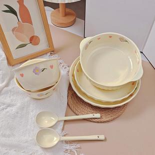 陶瓷餐具碗勺 7件套 奶油风双耳汤碗米饭碗圆盘深盘紫藤花套装