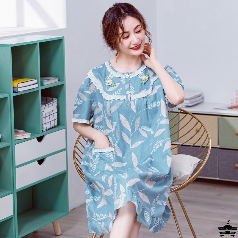 韩版梭织纯棉布睡衣女夏季可爱公主风休闲睡裙宽松大码妈妈连衣裙