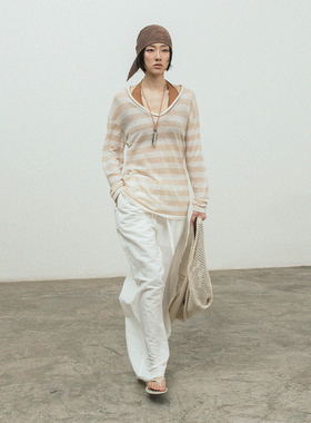 322WORKHOUSE条纹V领针织衫上衣女2025新款夏叠穿慵懒风罩衫B642