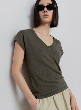 322WORKHOUSE和纸纱短袖v领t恤女士2025新款夏季薄款针织上衣B348