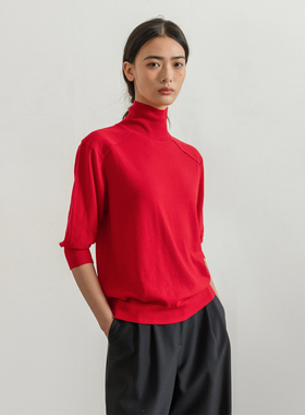 322WORKHOUSE羊毛高领针织衫女士2025新款秋季五分袖打底上衣B573