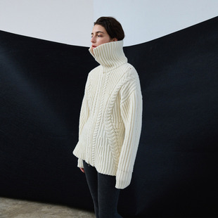 针织翻领外套R818 冬季 322WORKHOUSE纯羊毛绞花毛衣开衫 女2025新款