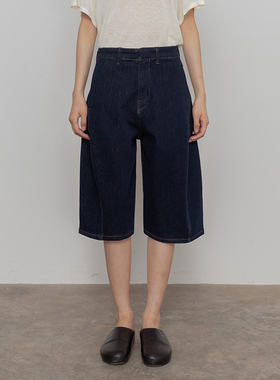 322WORKHOUSE深蓝色牛仔裤七分裤女2025新款夏季薄款松弛短裤B364