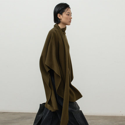 322WORKHOUSE纯羊毛斗篷毛衣女2025新款秋季围巾领针织衫上衣Q801