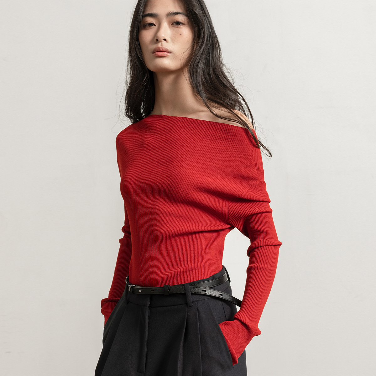 322WORKHOUSE人造丝一字领套头衫