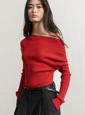 322WORKHOUSE人造丝一字领针织衫女新款2025秋季修身红色上衣B574
