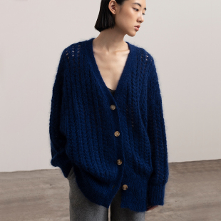 B122 镂空v领开衫 322WORKHOUSE马海毛针织毛衣外套女2025秋季 长袖
