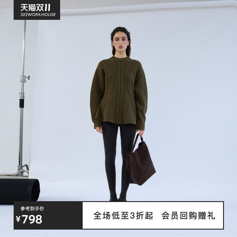 粗支纯羊毛圆领针织套头衫
