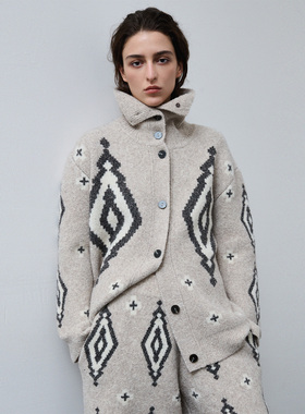 322WORKHOUSE费尔岛菱格毛衣外套女2025新款秋冬立领针织开衫B812