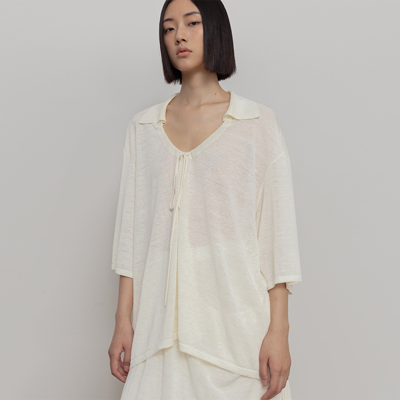 亚麻套头POLO领套头衫女