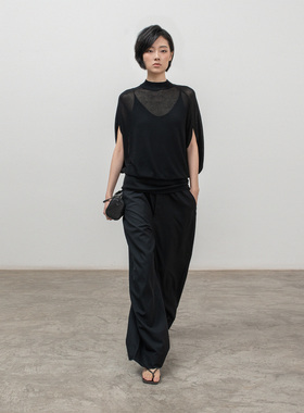 322WORKHOUSE黑色蝙蝠袖针织短袖上衣女2025新款夏季轻薄罩衫B748