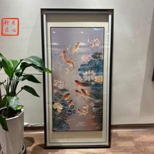 挂画 饰画过道走廊竖版 纯手工荷花九鱼图铜雕画新款 入户迎门玄关装