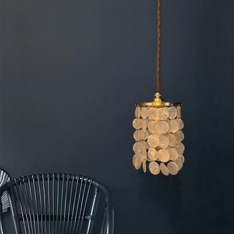 日式复古贝壳风铃小吊灯吧台民宿铜灯衣帽间过道卧室床头黄铜灯具