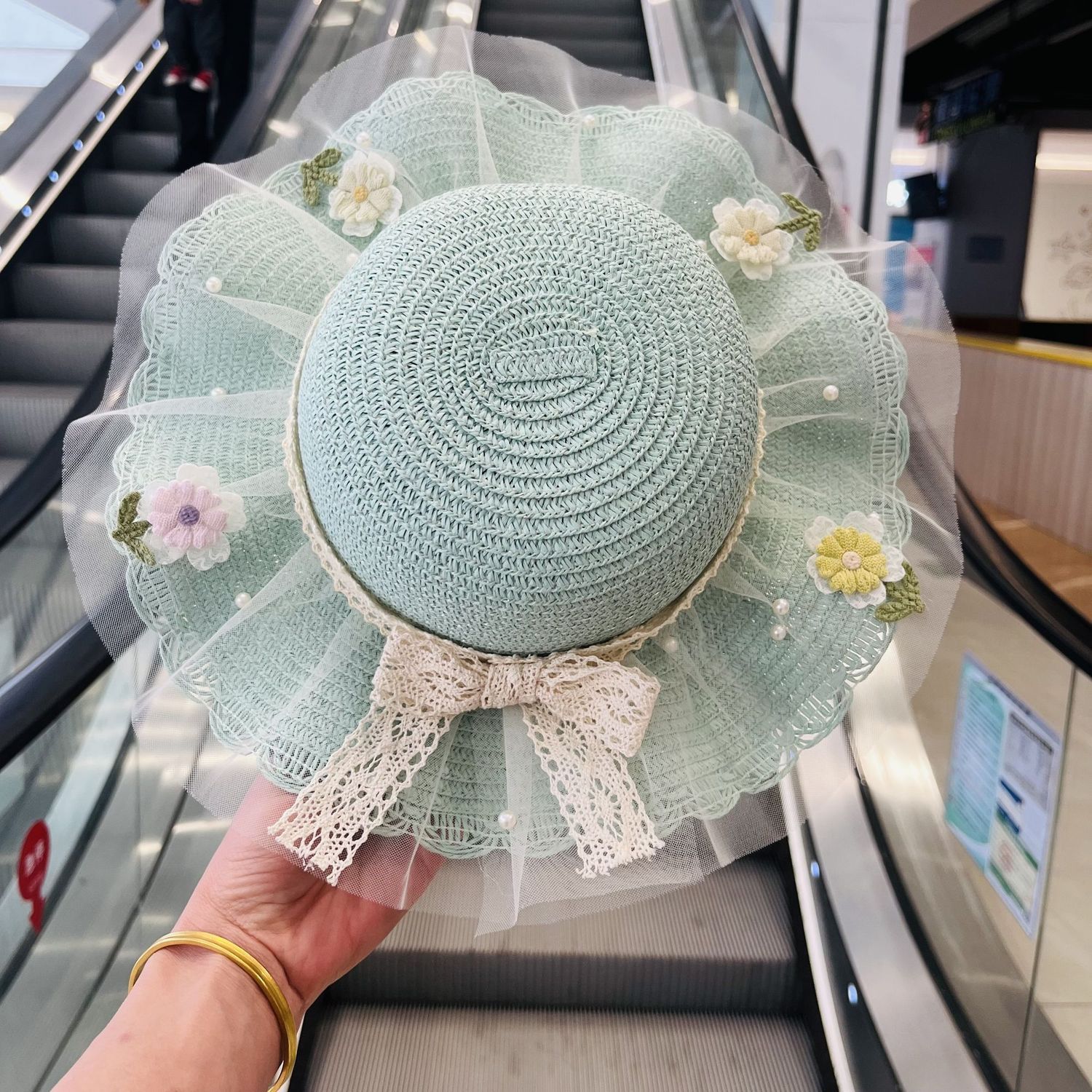 夏季儿童女孩甜美可爱蕾丝防晒遮阳大帽檐草帽亲子母女草帽