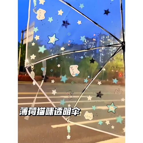 薄荷小猫透明伞卡通可爱猫咪星星雨伞自动手动高颜值透明伞可折叠