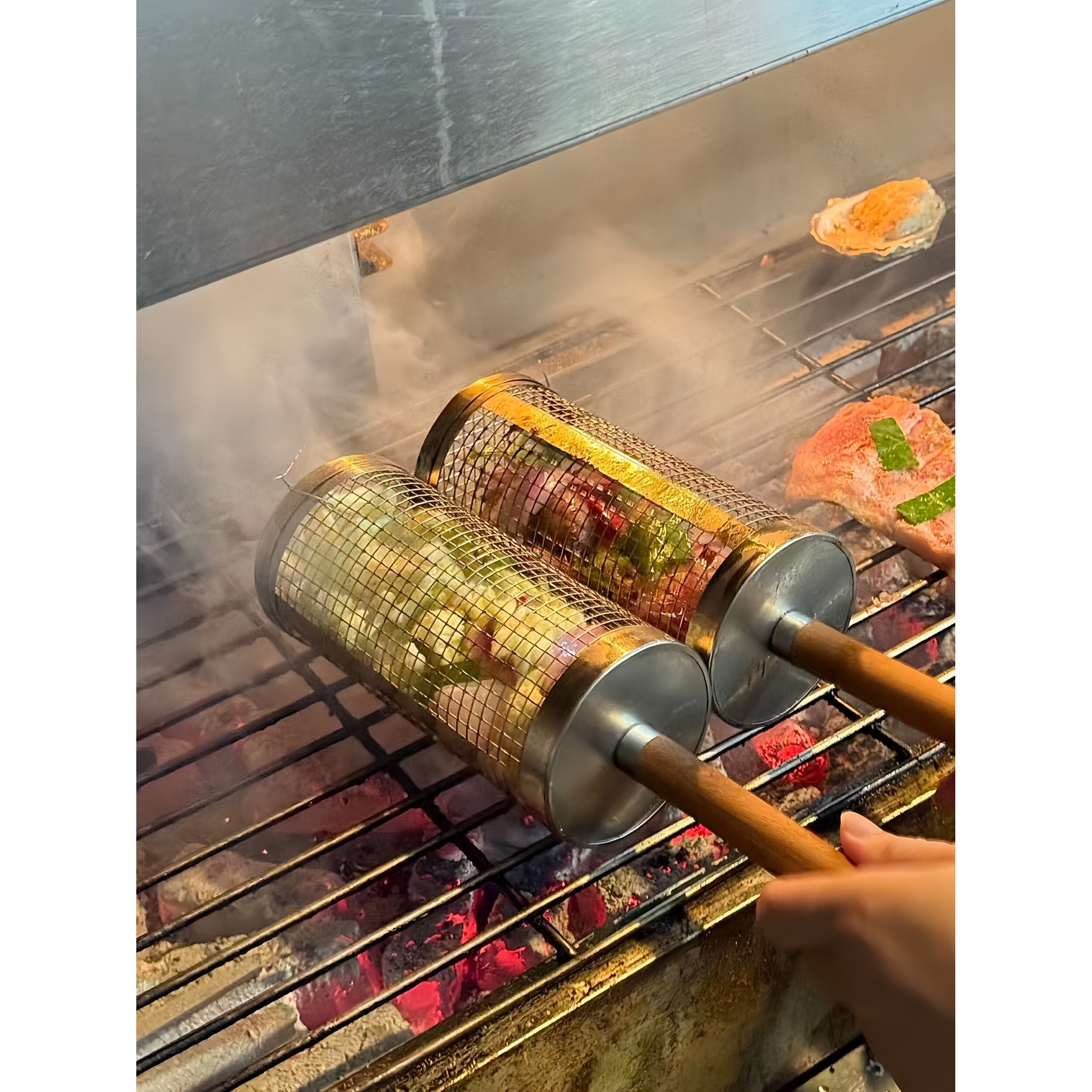 烧烤笼便携式不锈钢烧烤架网筐加厚户外露营摆摊滚筒烤菜蔬菜网架