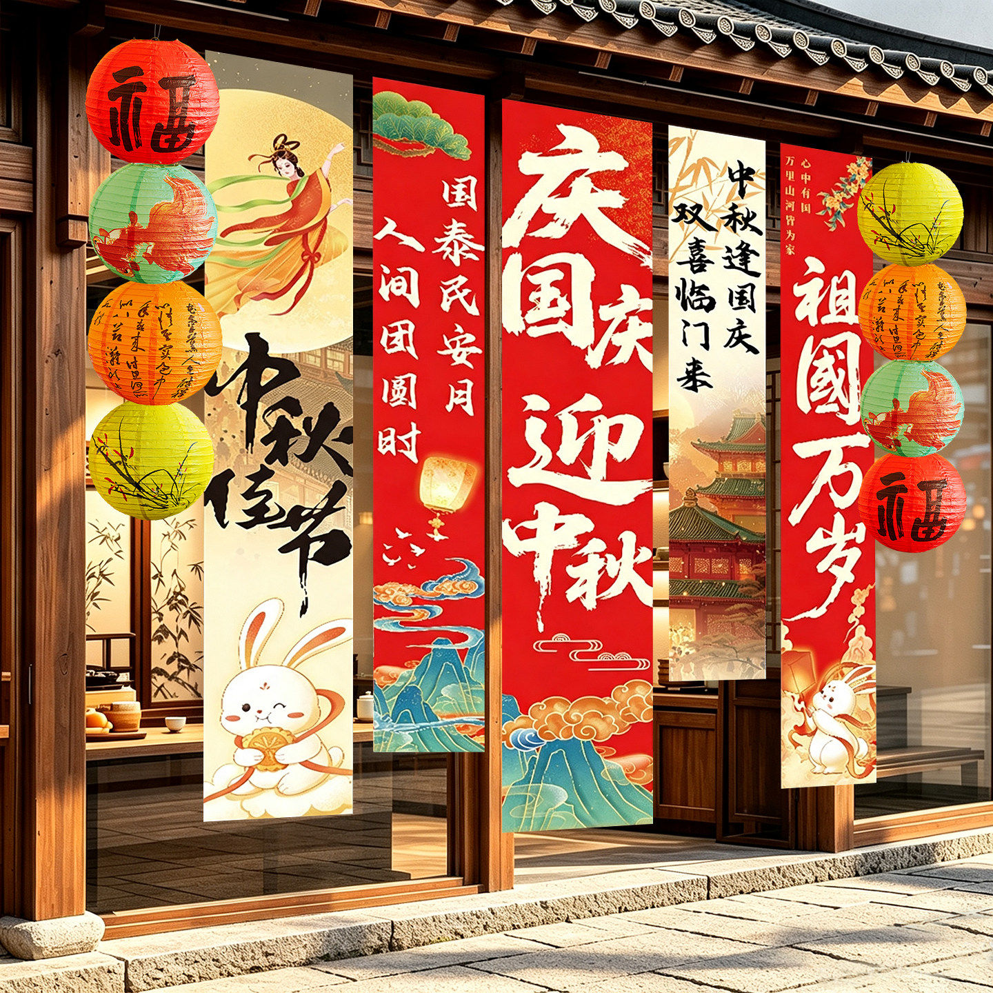 中秋国庆节氛围场景布置装饰挂布商场店铺爱国主题活动条幅挂饰