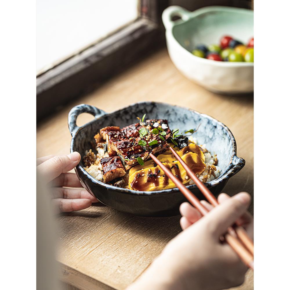 双耳碗家用碗餐具双耳面碗陶瓷碗日式碗个人专用汤碗粉碗拌面新款